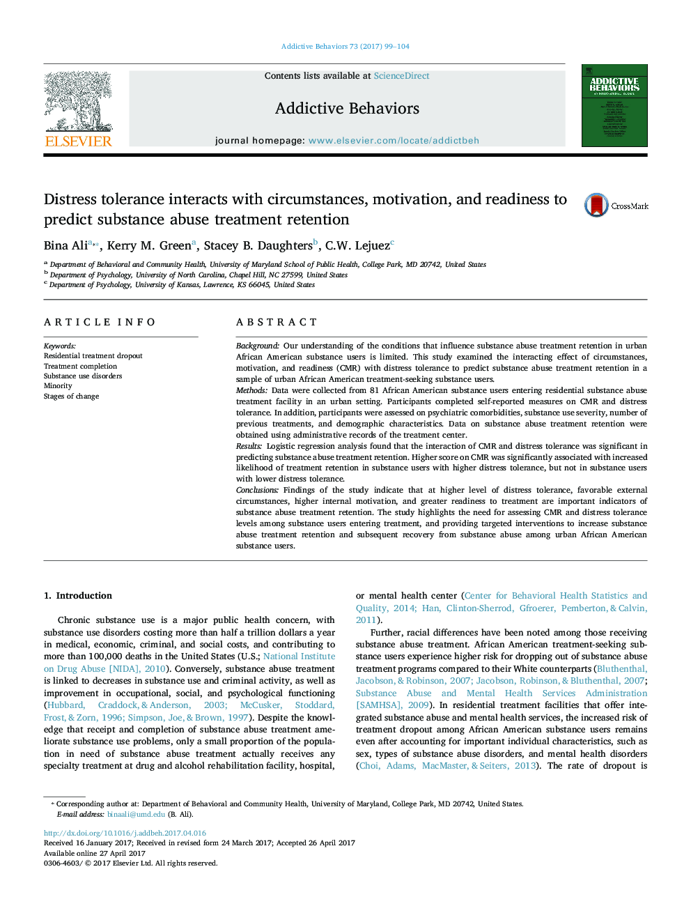 Distress tolerance interacts with circumstances, motivation, and readiness to predict substance abuse treatment retention