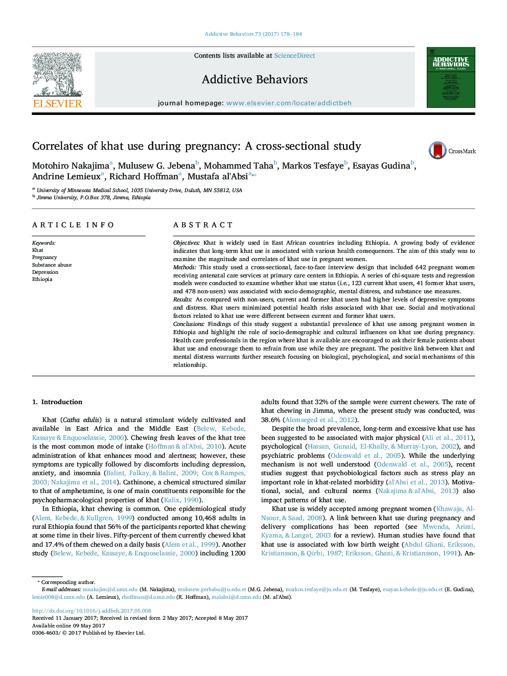 Correlates of khat use during pregnancy: A cross-sectional study