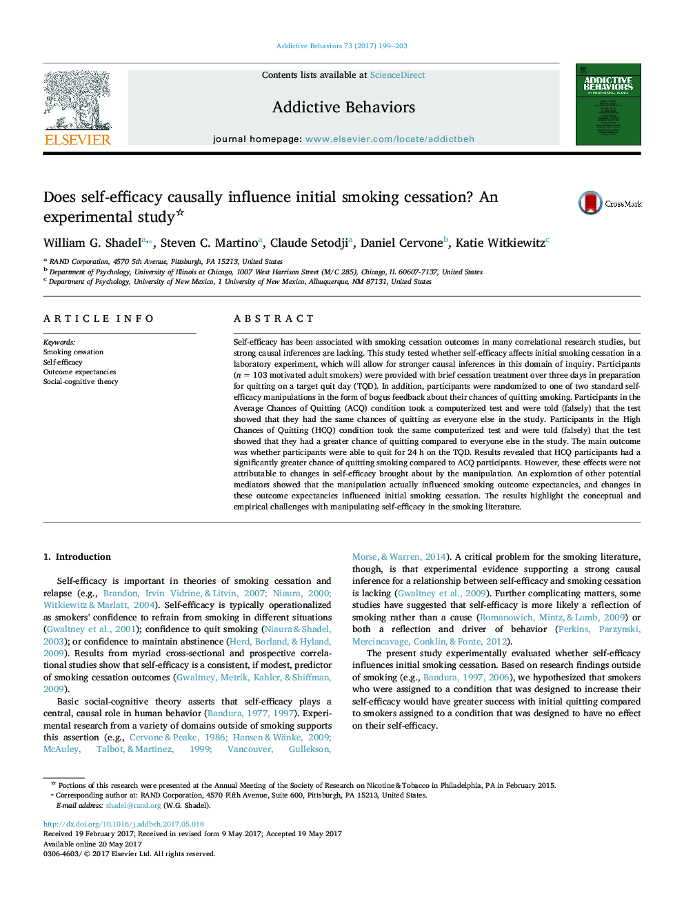 Does self-efficacy causally influence initial smoking cessation? An experimental study