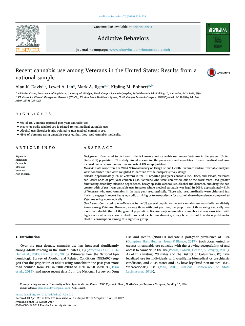 Recent cannabis use among Veterans in the United States: Results from a national sample