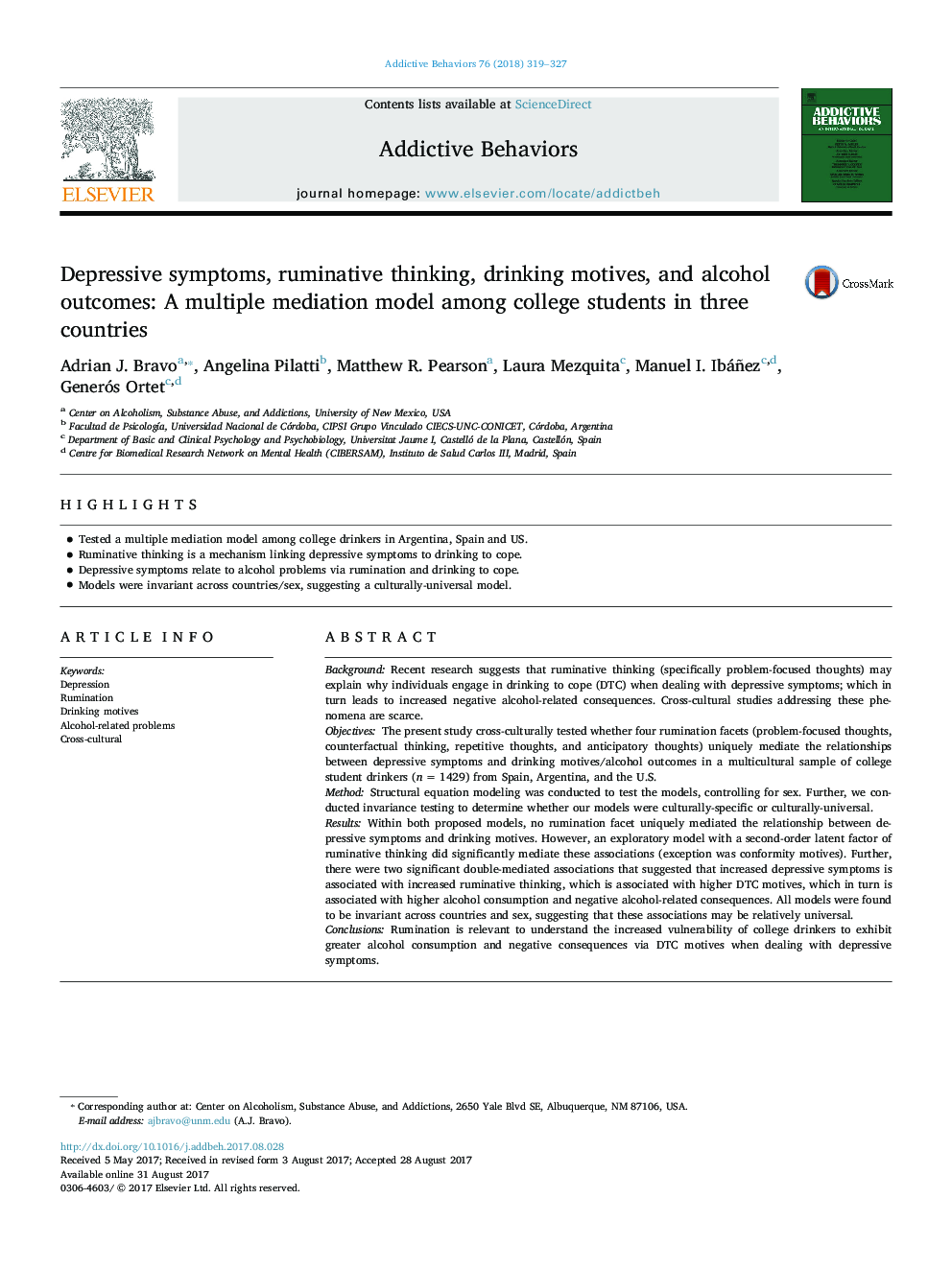 Depressive symptoms, ruminative thinking, drinking motives, and alcohol outcomes: A multiple mediation model among college students in three countries