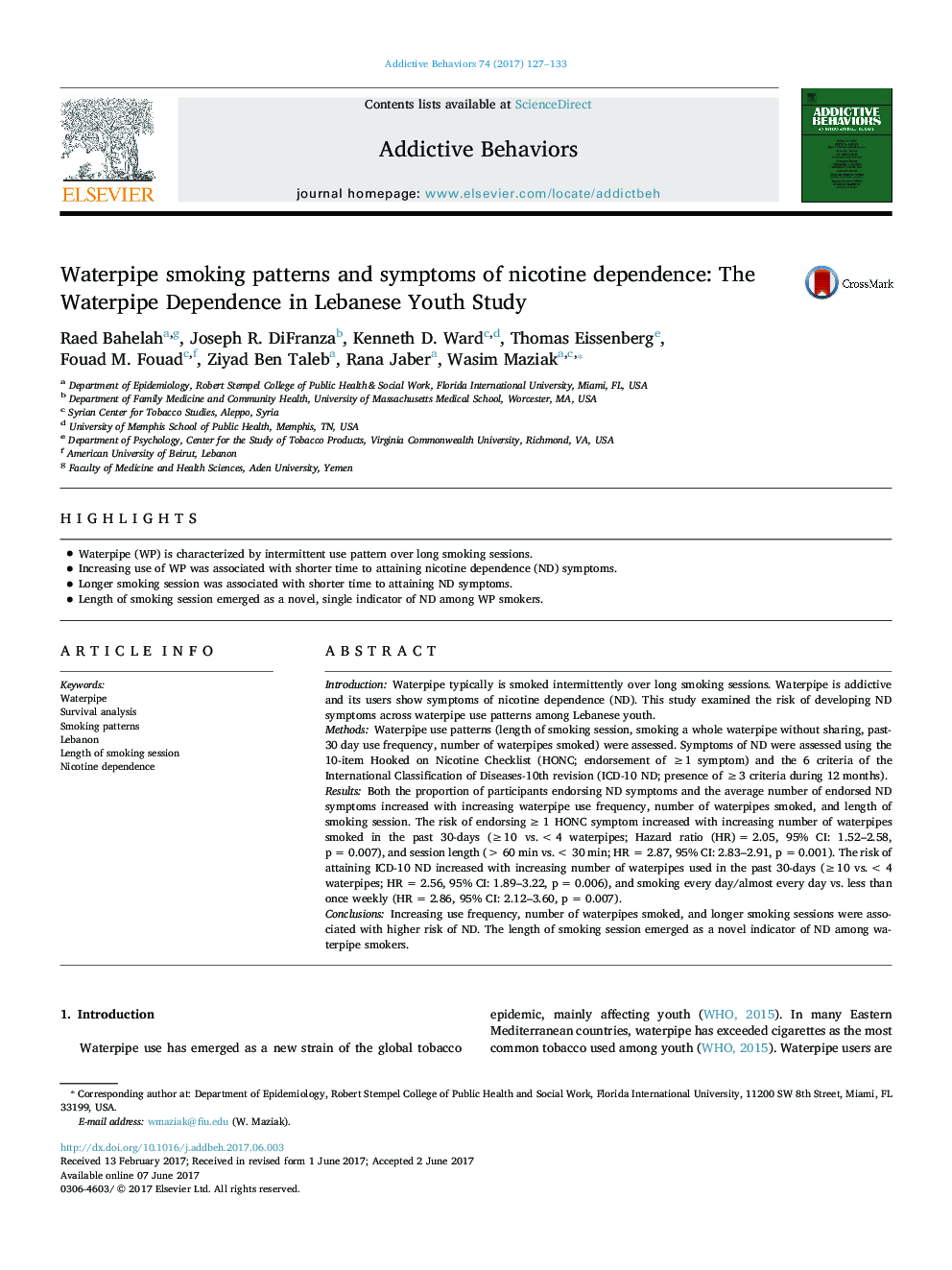 Waterpipe smoking patterns and symptoms of nicotine dependence: The Waterpipe Dependence in Lebanese Youth Study