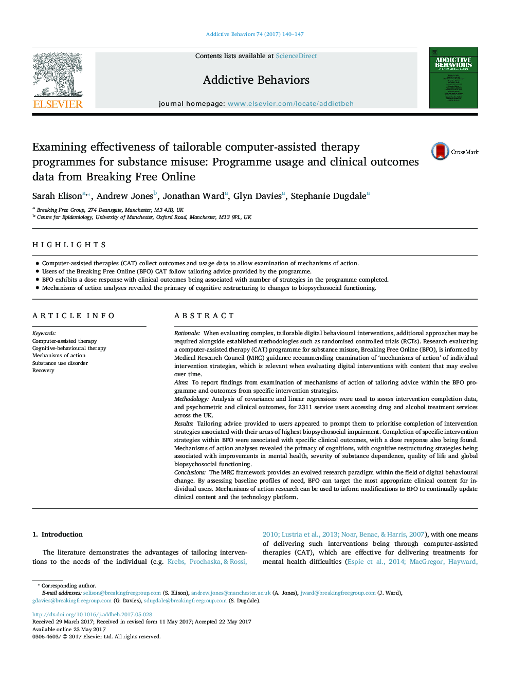 Examining effectiveness of tailorable computer-assisted therapy programmes for substance misuse: Programme usage and clinical outcomes data from Breaking Free Online