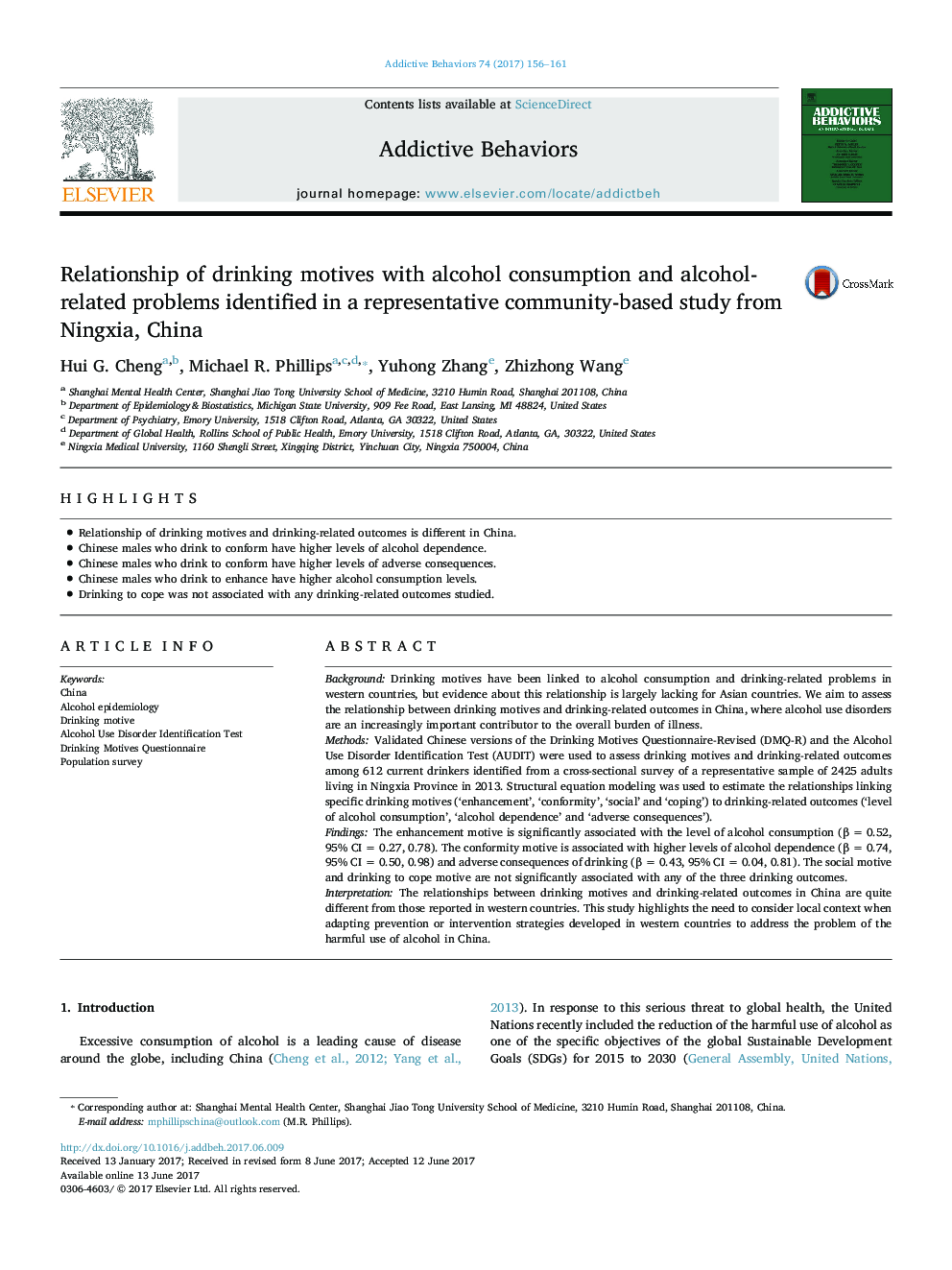 Relationship of drinking motives with alcohol consumption and alcohol-related problems identified in a representative community-based study from Ningxia, China