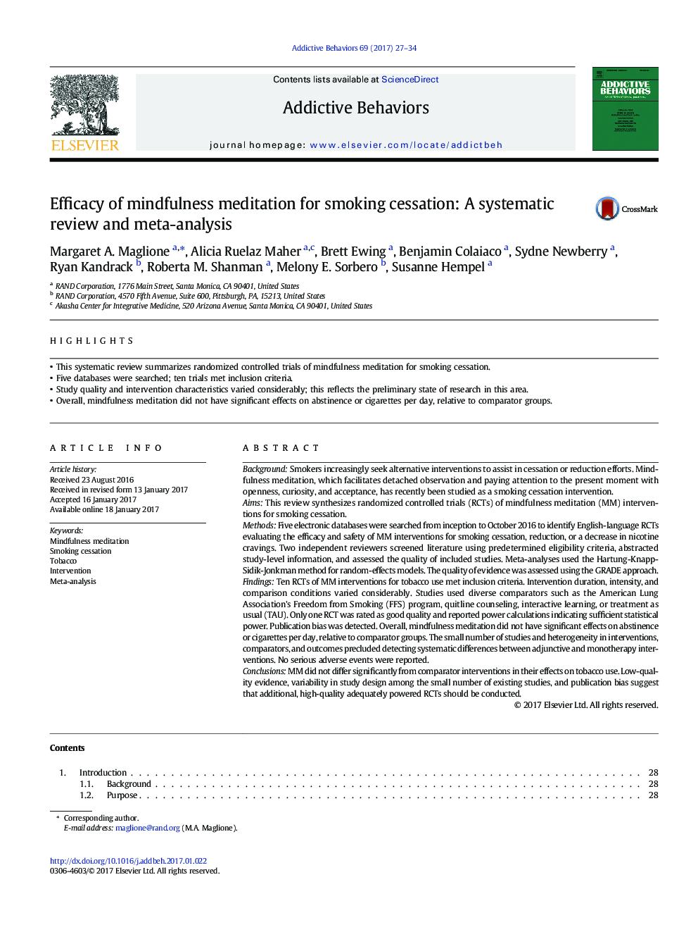 Efficacy of mindfulness meditation for smoking cessation: A systematic review and meta-analysis