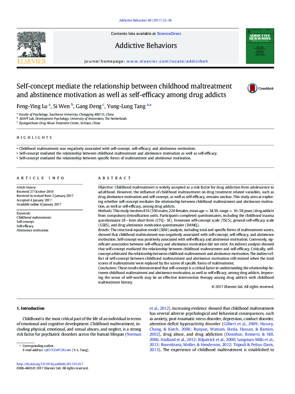 Self-concept mediate the relationship between childhood maltreatment and abstinence motivation as well as self-efficacy among drug addicts