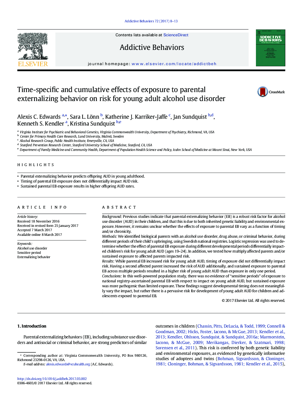 Time-specific and cumulative effects of exposure to parental externalizing behavior on risk for young adult alcohol use disorder