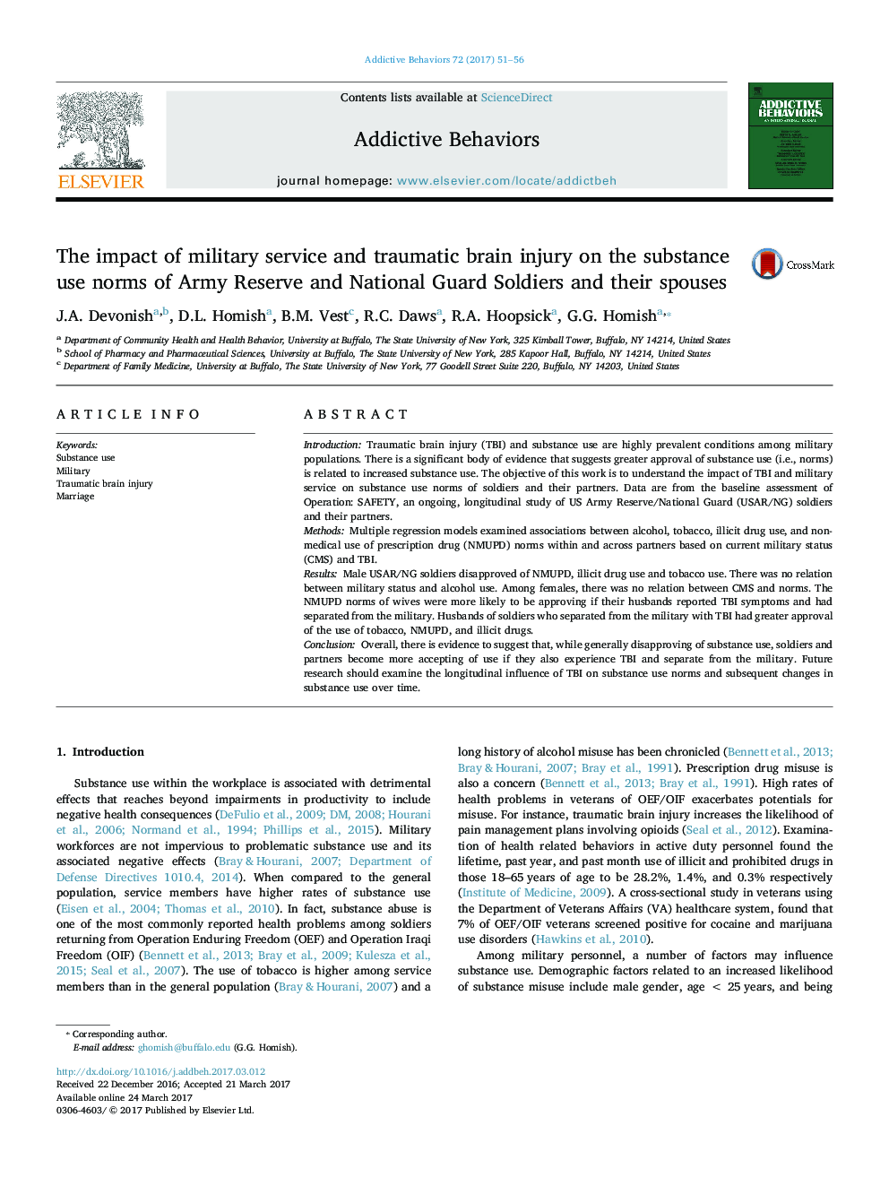 The impact of military service and traumatic brain injury on the substance use norms of Army Reserve and National Guard Soldiers and their spouses