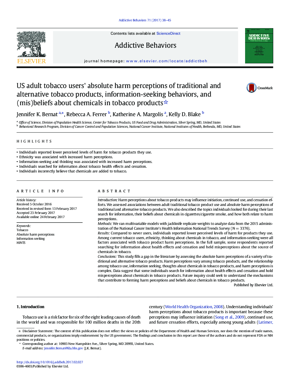 US adult tobacco users' absolute harm perceptions of traditional and alternative tobacco products, information-seeking behaviors, and (mis)beliefs about chemicals in tobacco products