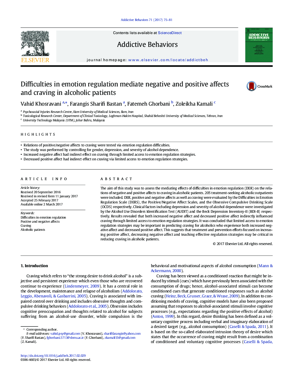 Difficulties in emotion regulation mediate negative and positive affects and craving in alcoholic patients