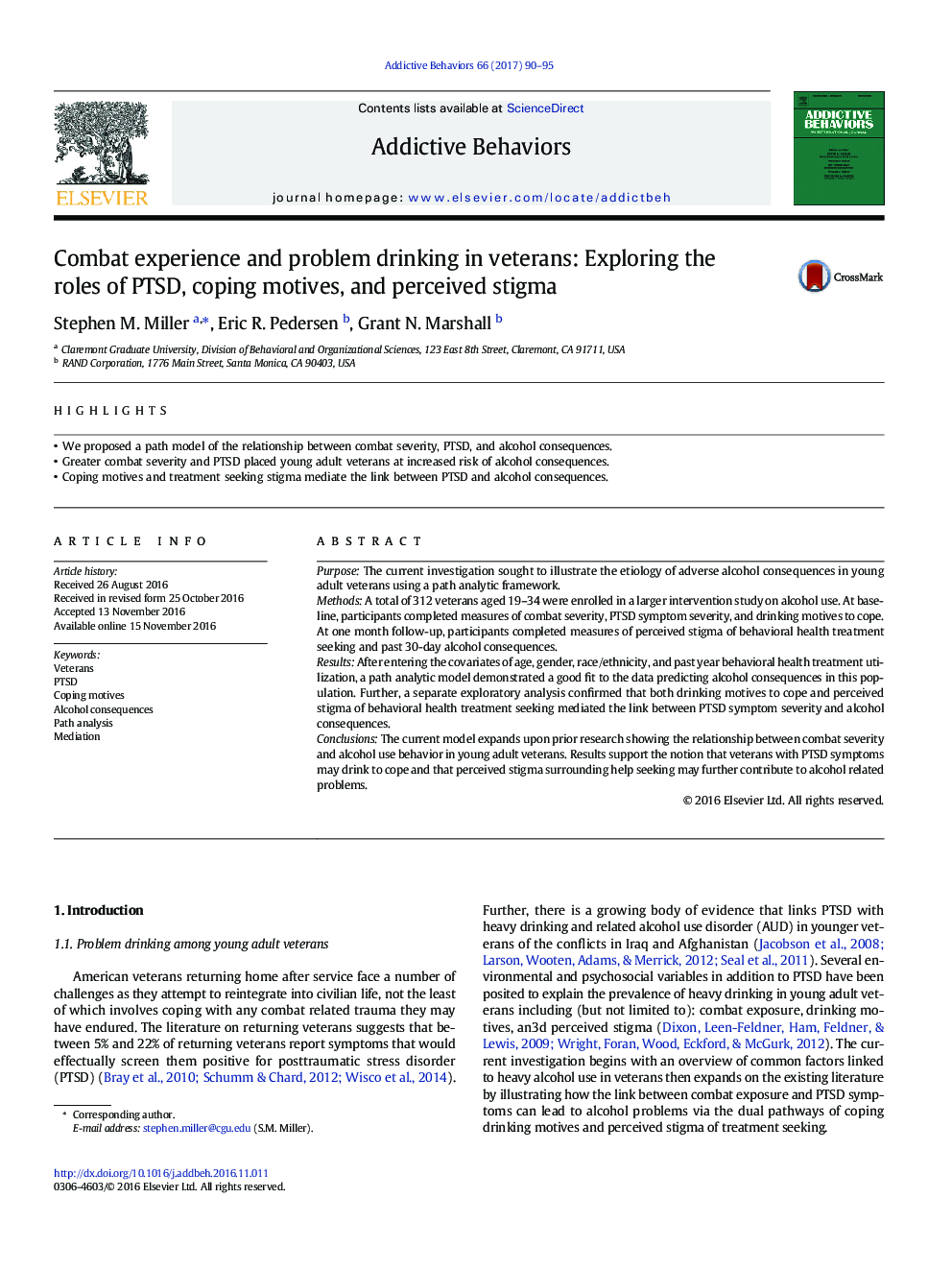 Combat experience and problem drinking in veterans: Exploring the roles of PTSD, coping motives, and perceived stigma