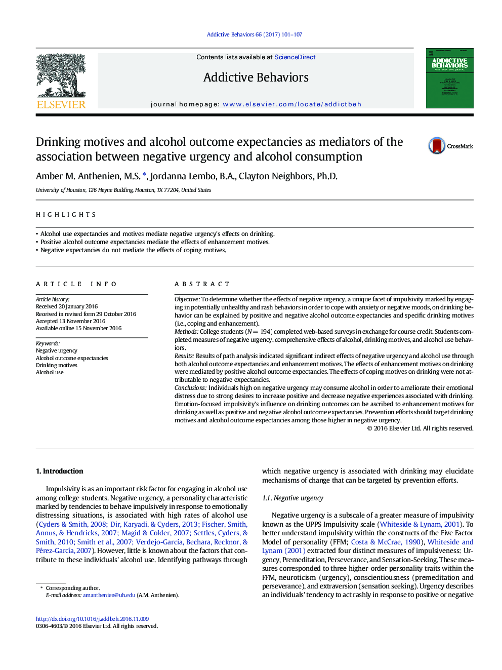 Drinking motives and alcohol outcome expectancies as mediators of the association between negative urgency and alcohol consumption