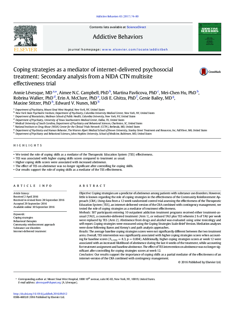 عکس صفحه اول مقاله: Coping strategies as a mediator of internet-delivered psychosocial treatment: Secondary analysis from a NIDA CTN multisite effectiveness trial Coping strategies as a mediator of internet-delivered psychosocial treatment: Secondary analysis from a NIDA CTN multisite effectiveness trial