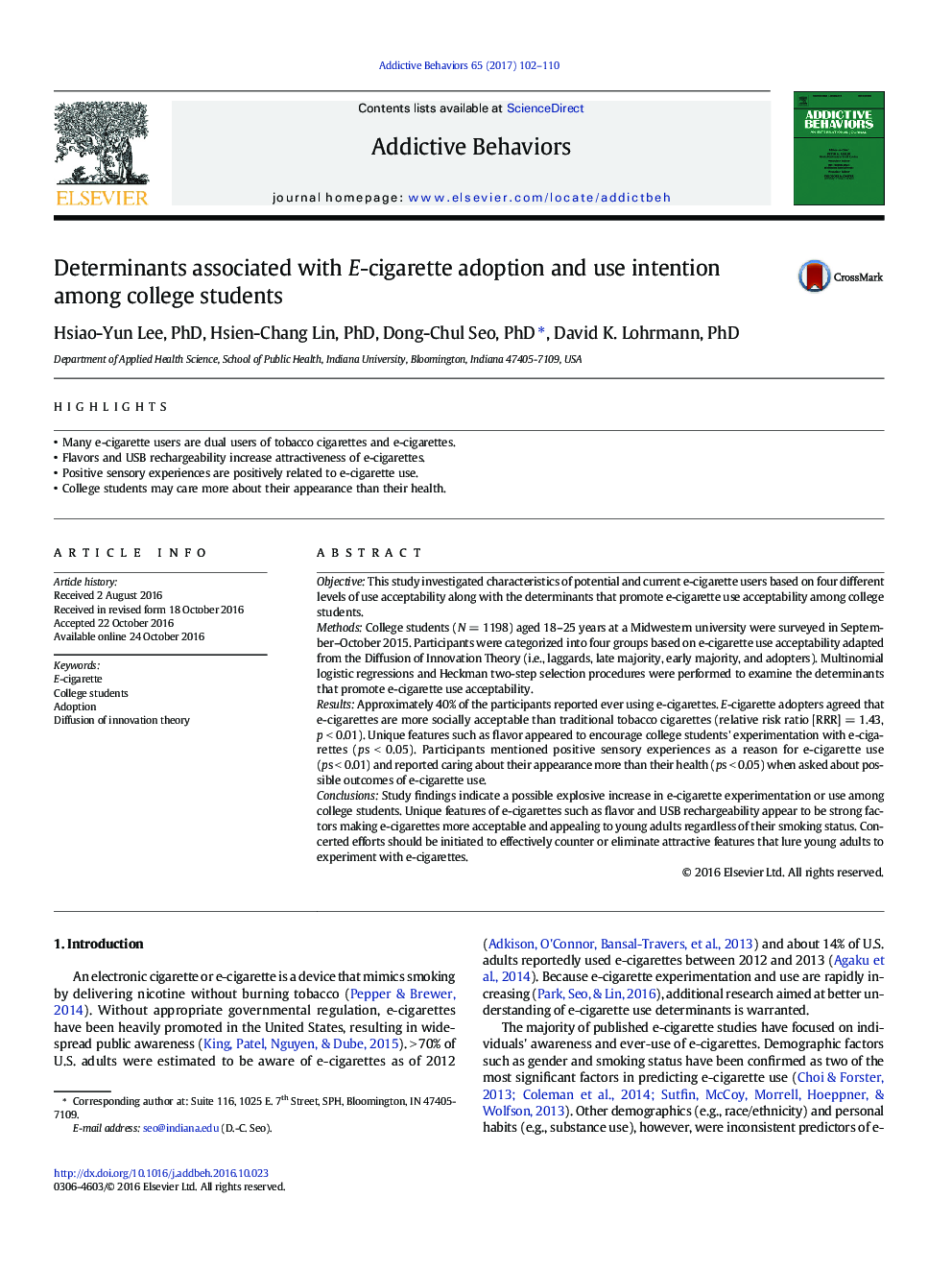 Determinants associated with E-cigarette adoption and use intention among college students