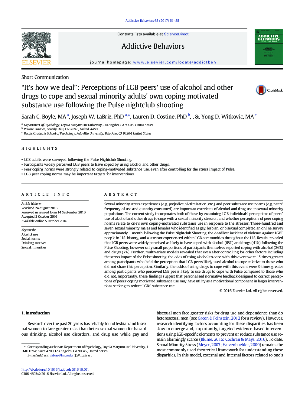 “It's how we deal”: Perceptions of LGB peers' use of alcohol and other drugs to cope and sexual minority adults' own coping motivated substance use following the Pulse nightclub shooting