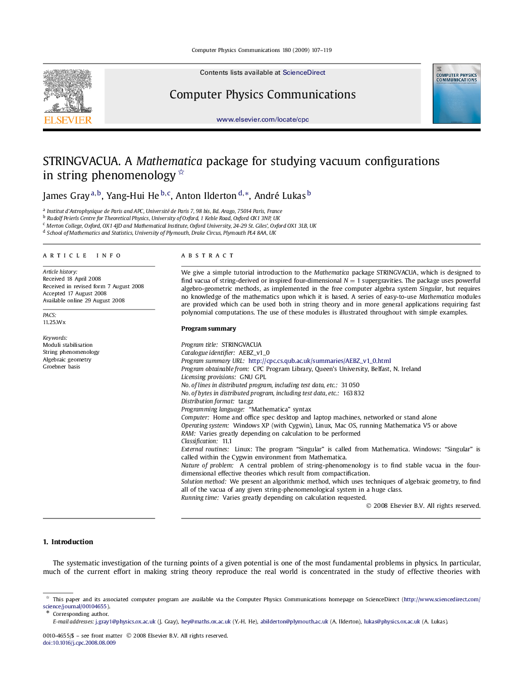 STRINGVACUA. A Mathematica package for studying vacuum configurations in string phenomenology 