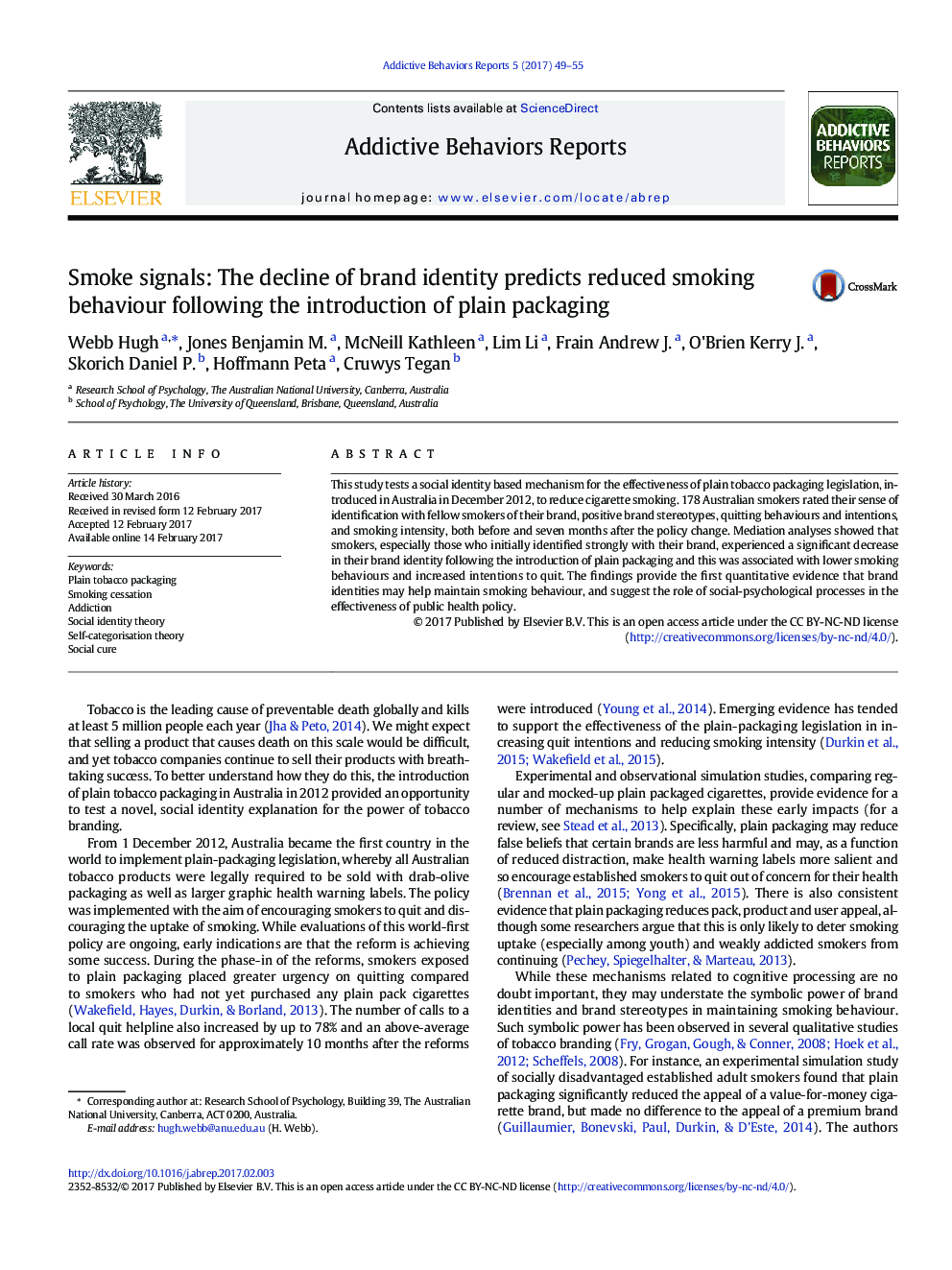 Smoke signals: The decline of brand identity predicts reduced smoking behaviour following the introduction of plain packaging