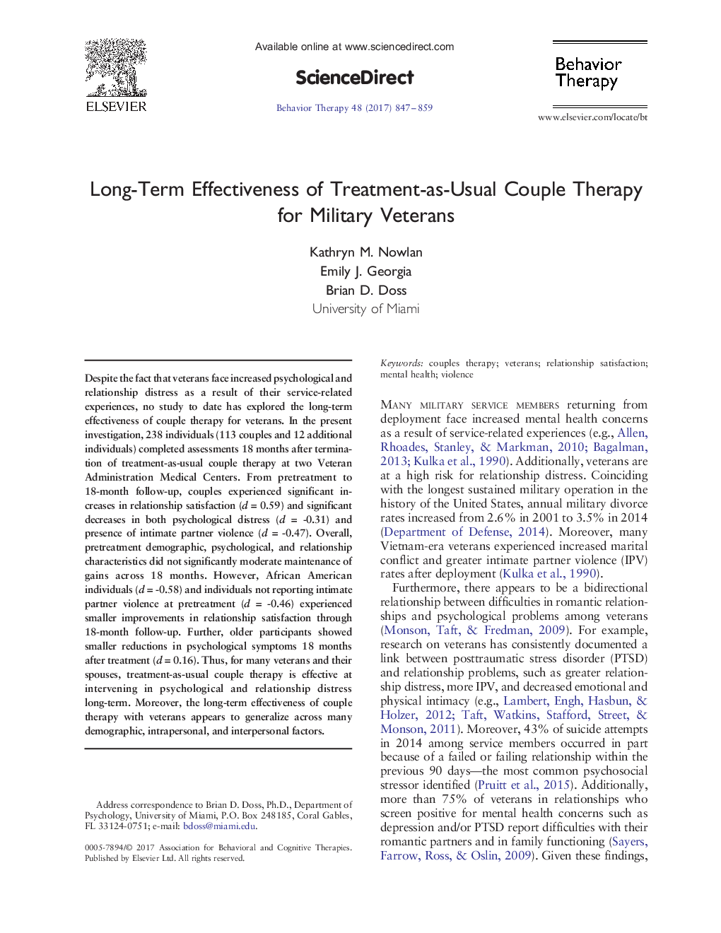 Long-Term Effectiveness of Treatment-as-Usual Couple Therapy for Military Veterans