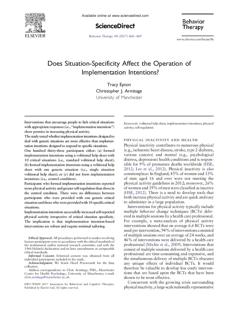 Does Situation-Specificity Affect the Operation of Implementation Intentions?