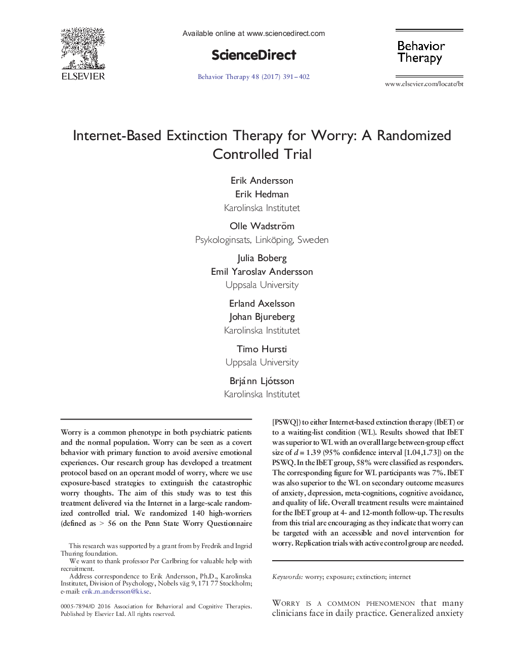 Internet-Based Extinction Therapy for Worry: A Randomized Controlled Trial