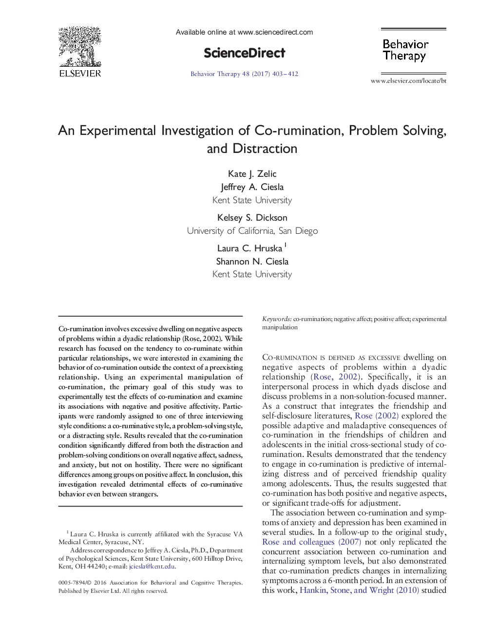 An Experimental Investigation of Co-rumination, Problem Solving, and Distraction