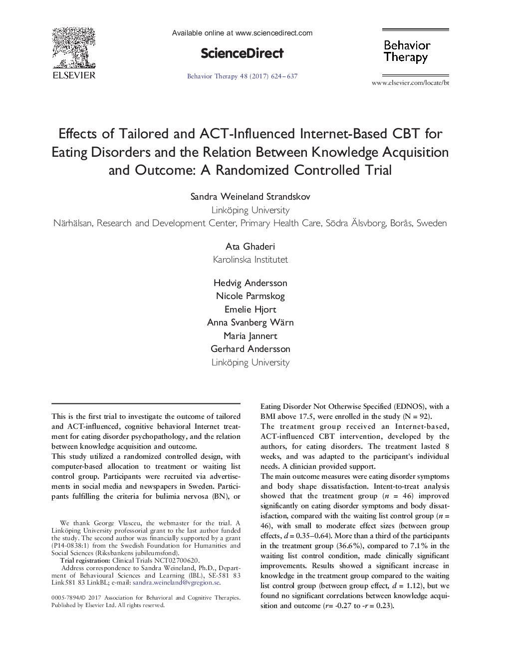 Effects of Tailored and ACT-Influenced Internet-Based CBT for Eating Disorders and the Relation Between Knowledge Acquisition and Outcome: A Randomized Controlled Trial