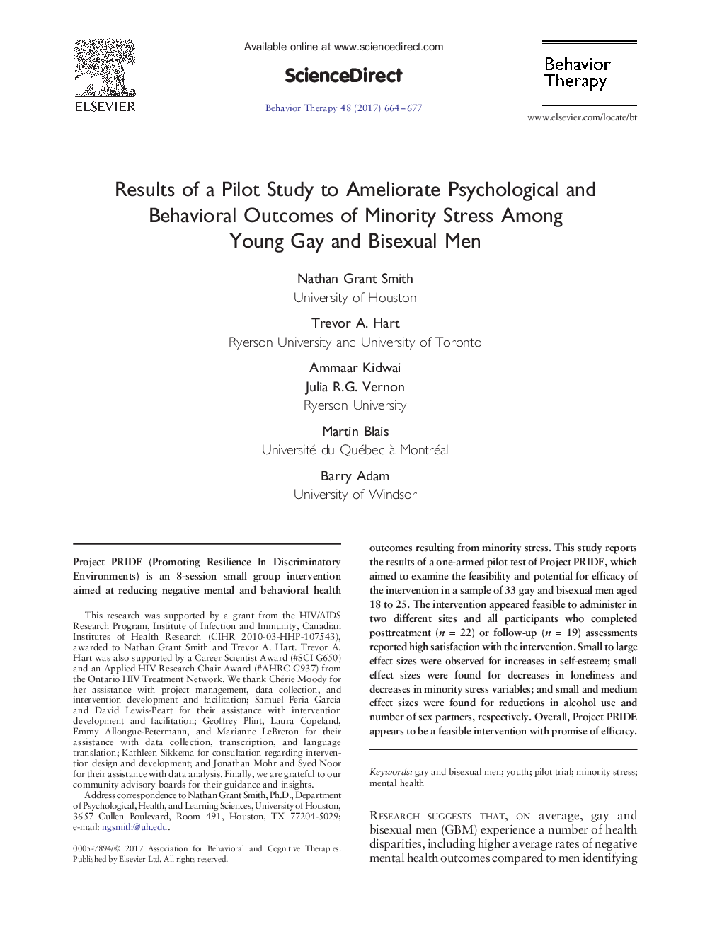 Results of a Pilot Study to Ameliorate Psychological and Behavioral Outcomes of Minority Stress Among Young Gay and Bisexual Men