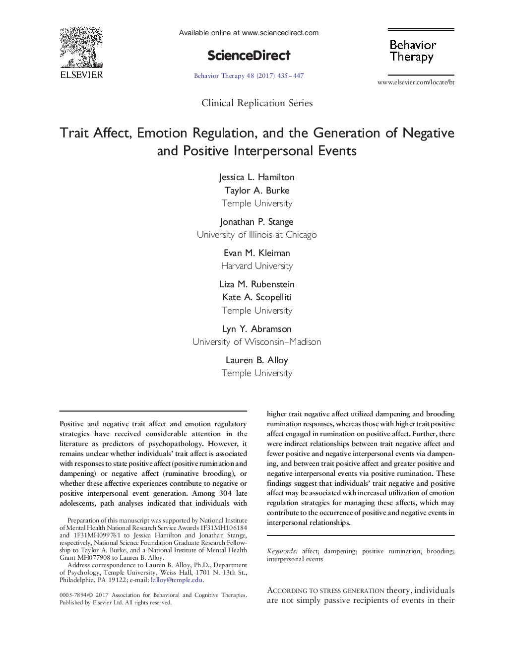 Trait Affect, Emotion Regulation, and the Generation of Negative and Positive Interpersonal Events