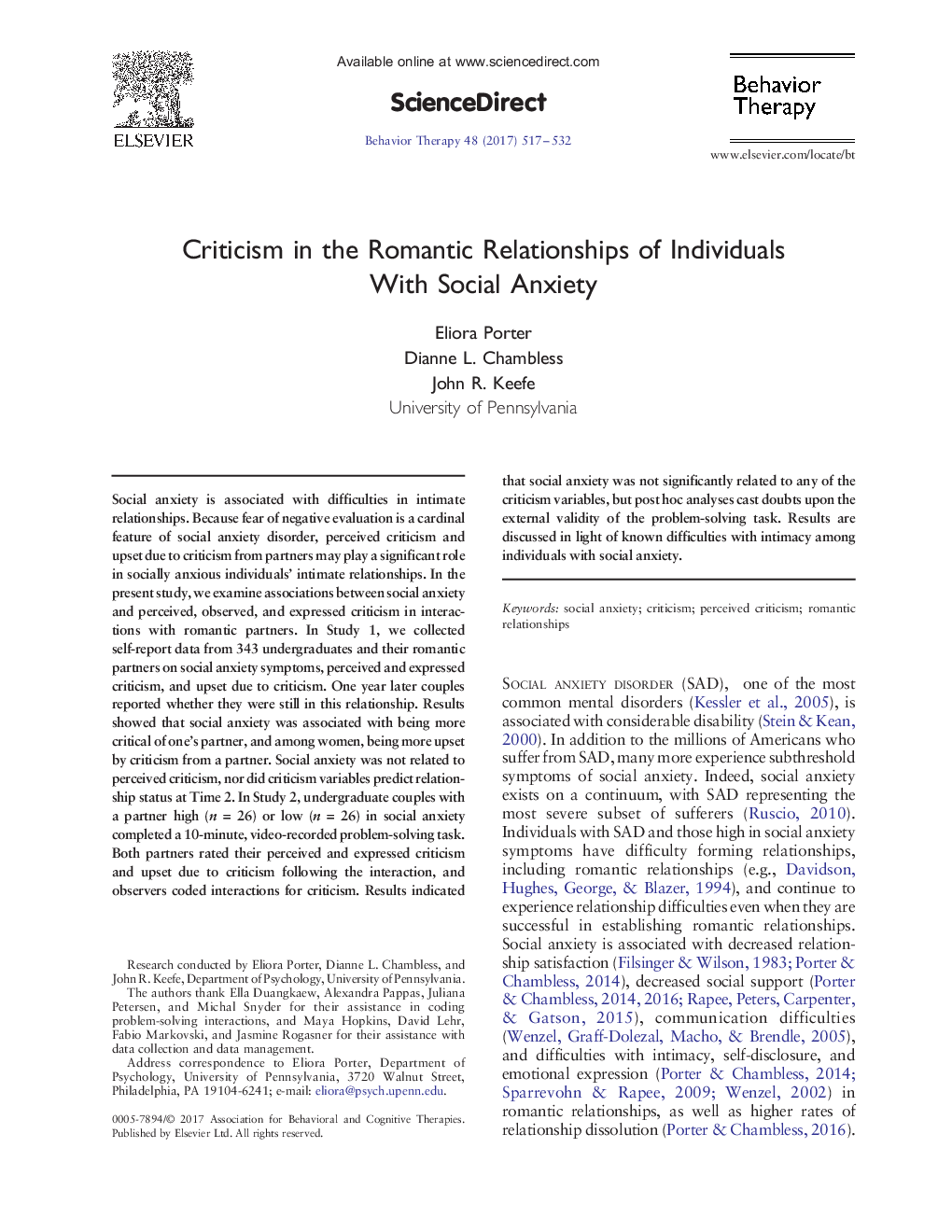 Criticism in the Romantic Relationships of Individuals With Social Anxiety