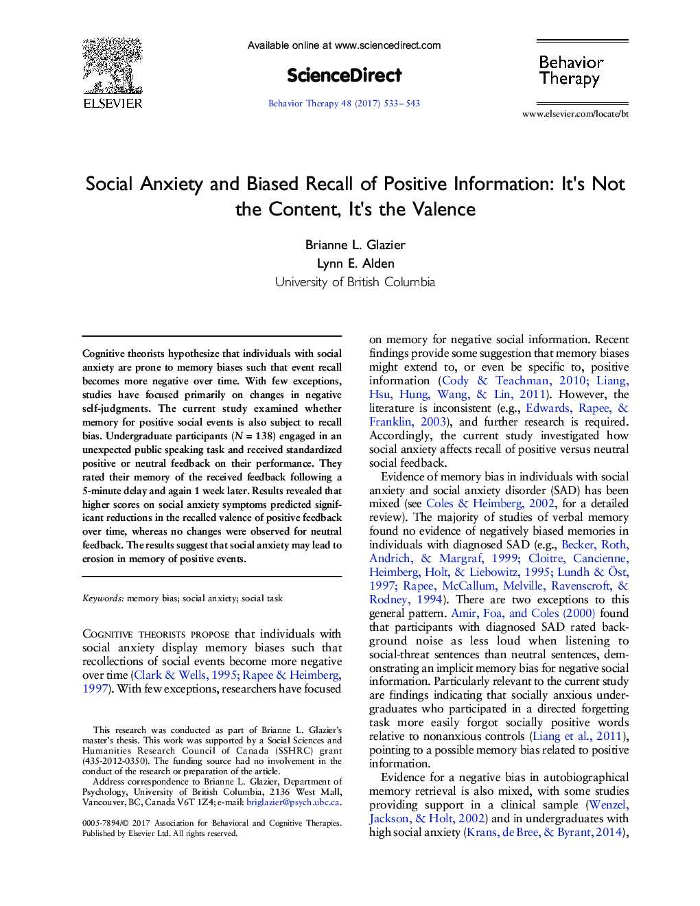 Social Anxiety and Biased Recall of Positive Information: It's Not the Content, It's the Valence