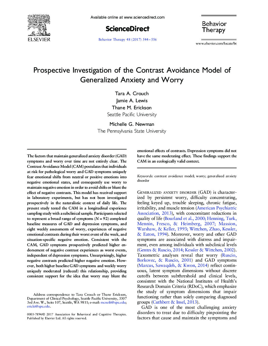 Prospective Investigation of the Contrast Avoidance Model of Generalized Anxiety and Worry