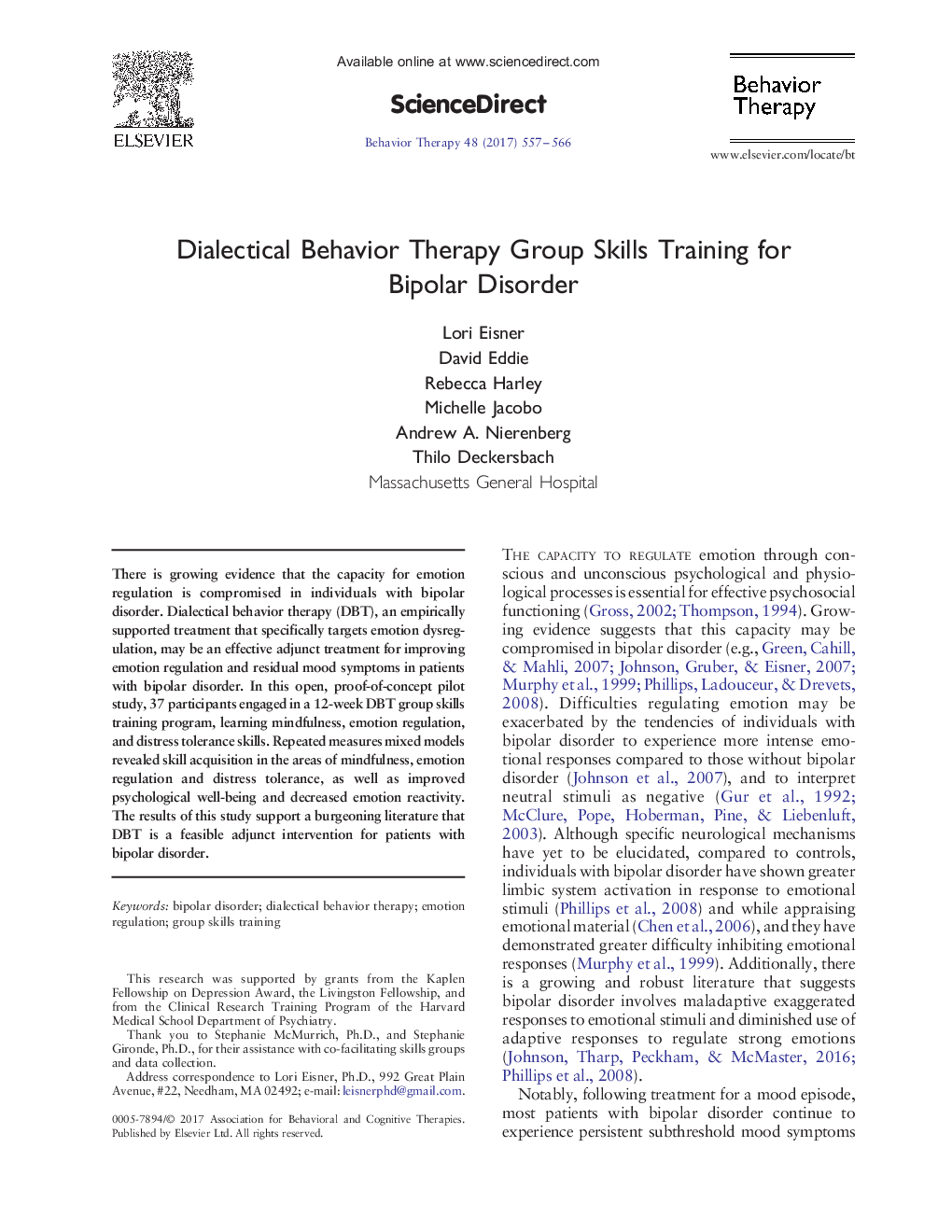 Dialectical Behavior Therapy Group Skills Training for Bipolar Disorder