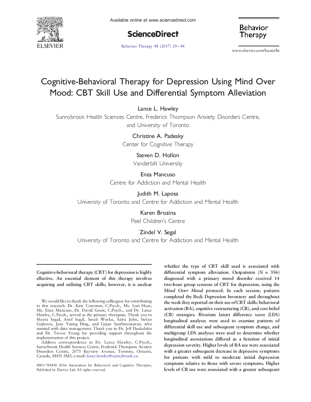 Cognitive-Behavioral Therapy for Depression Using Mind Over Mood: CBT Skill Use and Differential Symptom Alleviation