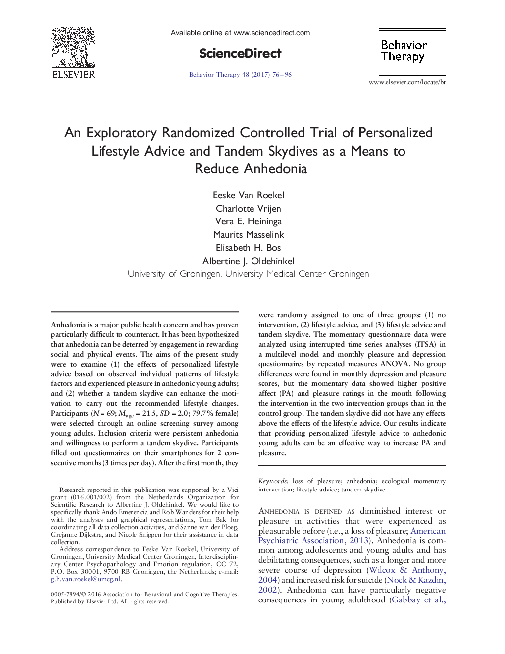 An Exploratory Randomized Controlled Trial of Personalized Lifestyle Advice and Tandem Skydives as a Means to Reduce Anhedonia