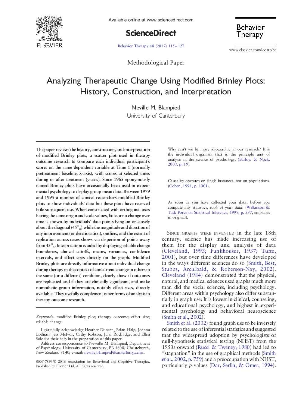 Analyzing Therapeutic Change Using Modified Brinley Plots: History, Construction, and Interpretation