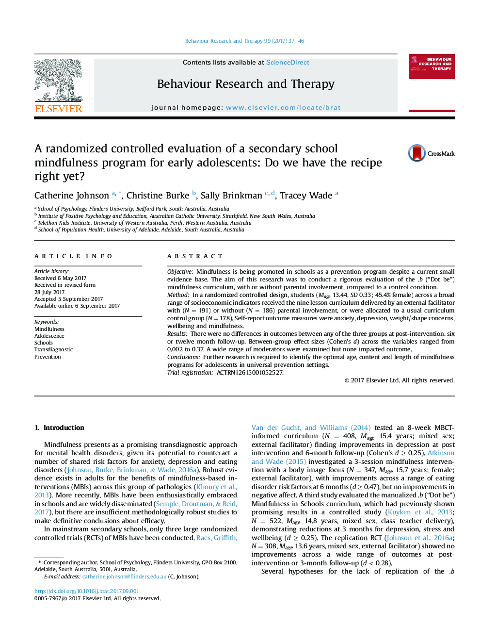 A randomized controlled evaluation of a secondary school mindfulness program for early adolescents: Do we have the recipe right yet?