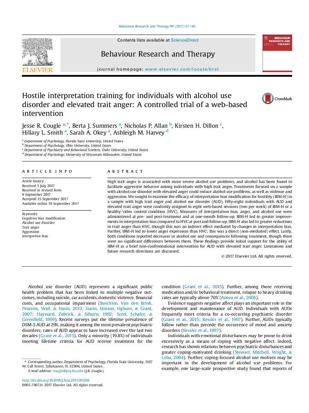 Hostile interpretation training for individuals with alcohol use disorder and elevated trait anger: A controlled trial of a web-based intervention