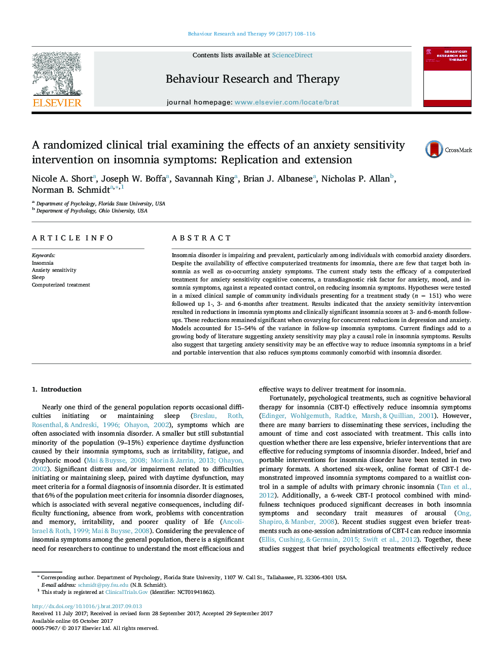 A randomized clinical trial examining the effects of an anxiety sensitivity intervention on insomnia symptoms: Replication and extension