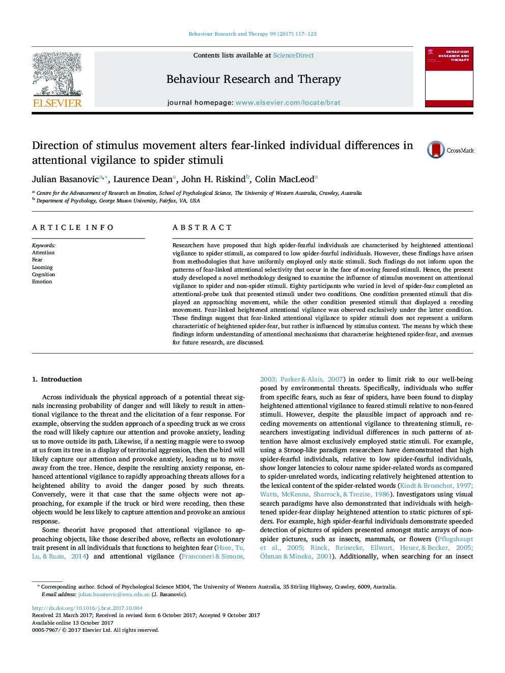 Direction of stimulus movement alters fear-linked individual differences in attentional vigilance to spider stimuli