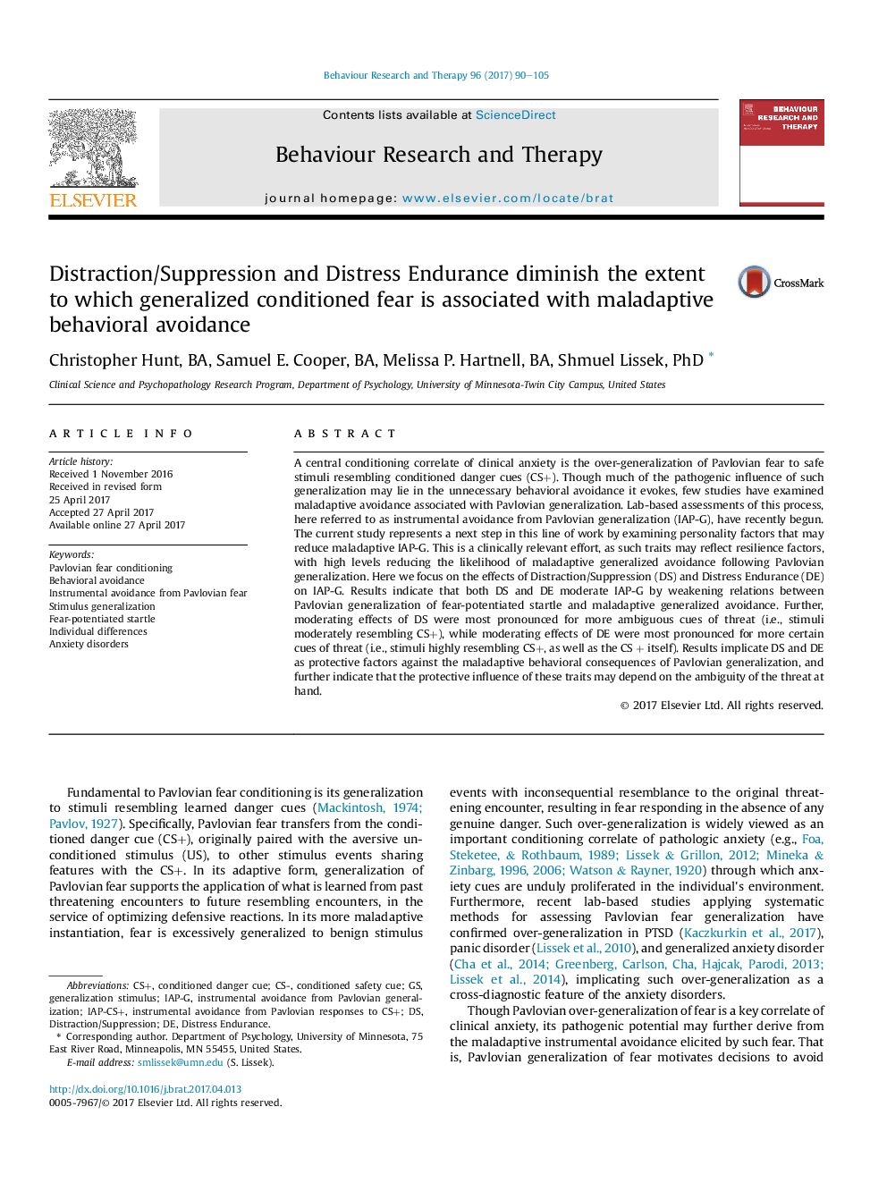 Distraction/Suppression and Distress Endurance diminish the extent to which generalized conditioned fear is associated with maladaptive behavioral avoidance