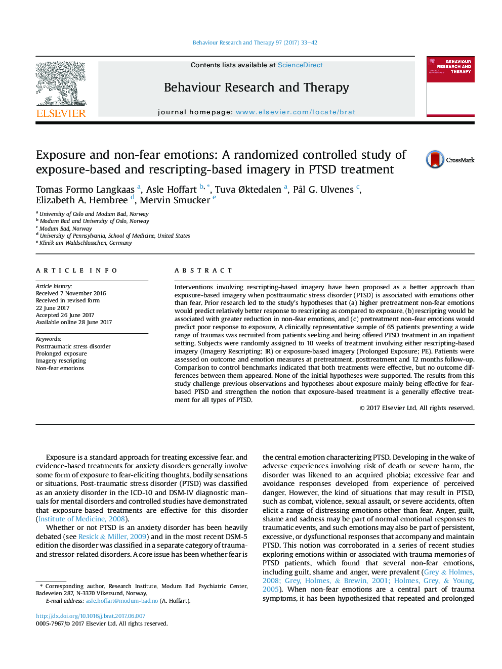 Exposure and non-fear emotions: A randomized controlled study of exposure-based and rescripting-based imagery in PTSD treatment