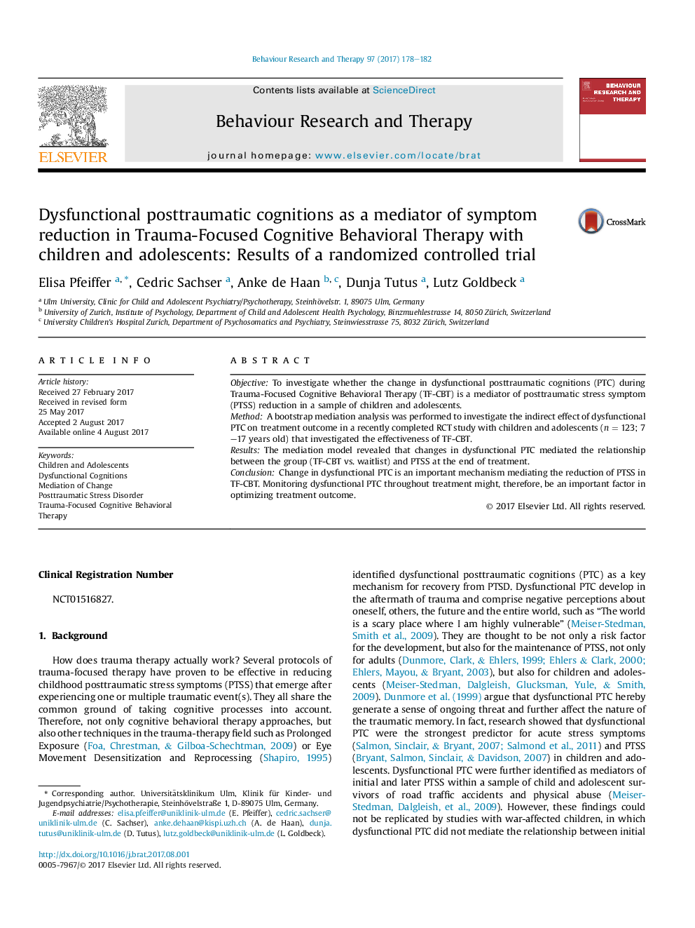 Dysfunctional posttraumatic cognitions as a mediator of symptom reduction in Trauma-Focused Cognitive Behavioral Therapy with children and adolescents: Results of a randomized controlled trial