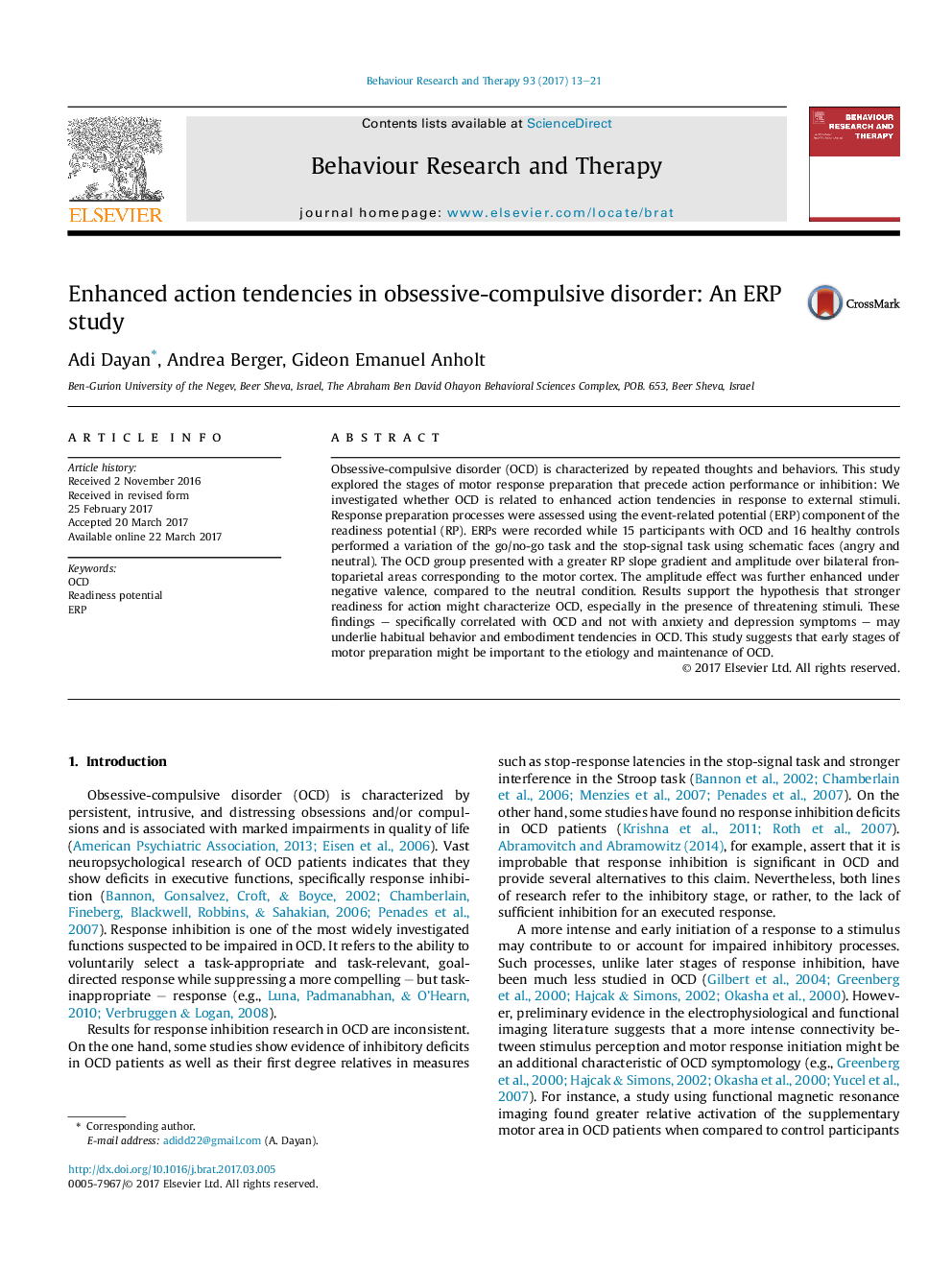 Enhanced action tendencies in obsessive-compulsive disorder: An ERP study