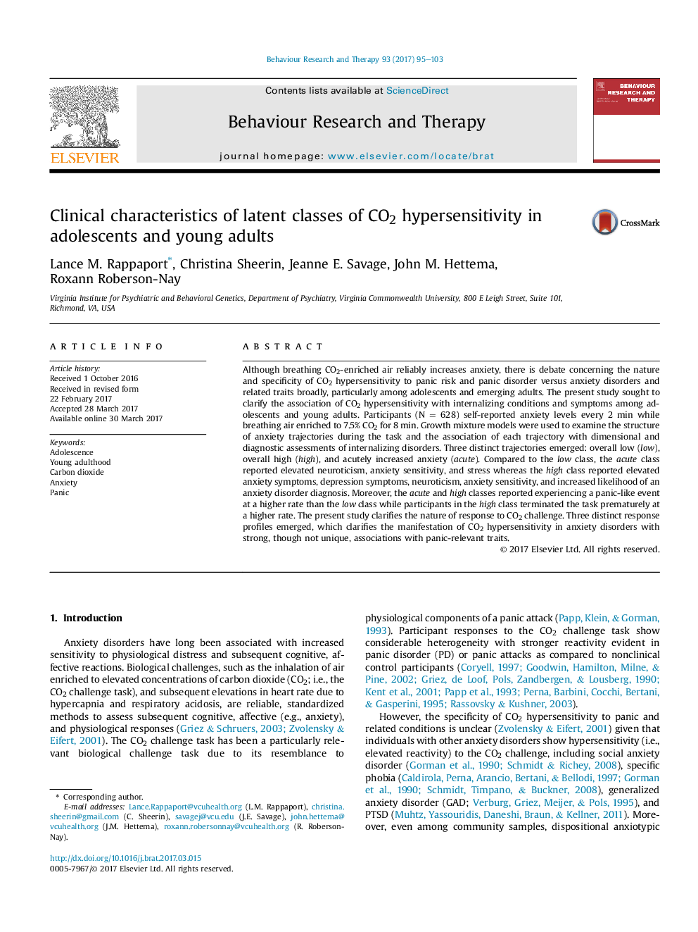 Clinical characteristics of latent classes of CO2 hypersensitivity in adolescents and young adults