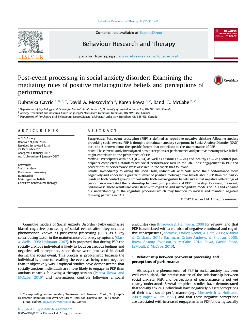 Post-event processing in social anxiety disorder: Examining the mediating roles of positive metacognitive beliefs and perceptions of performance