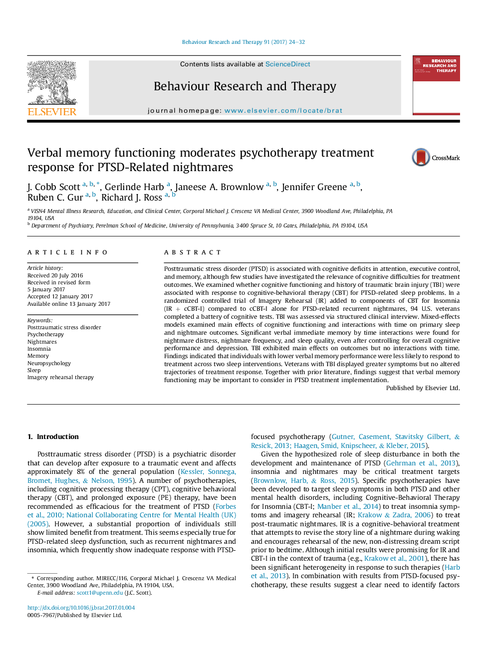 Verbal memory functioning moderates psychotherapy treatment response for PTSD-Related nightmares