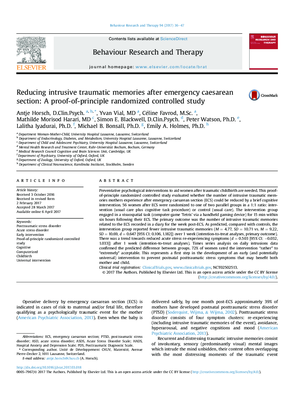 Reducing intrusive traumatic memories after emergency caesarean section: A proof-of-principle randomized controlled study