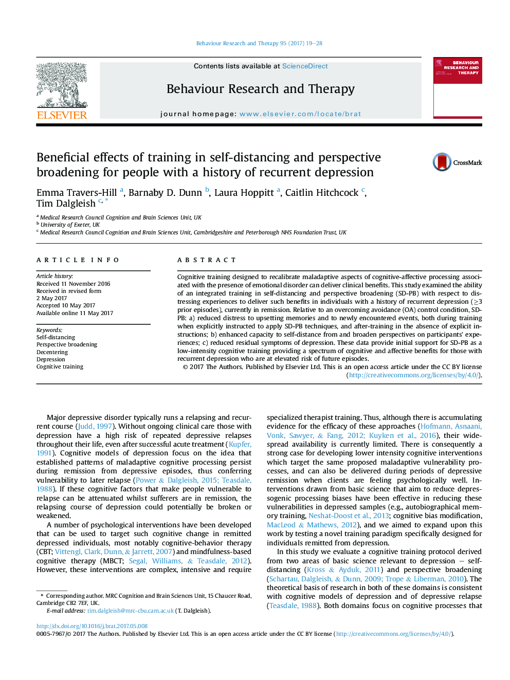 Beneficial effects of training in self-distancing and perspective broadening for people with a history of recurrent depression
