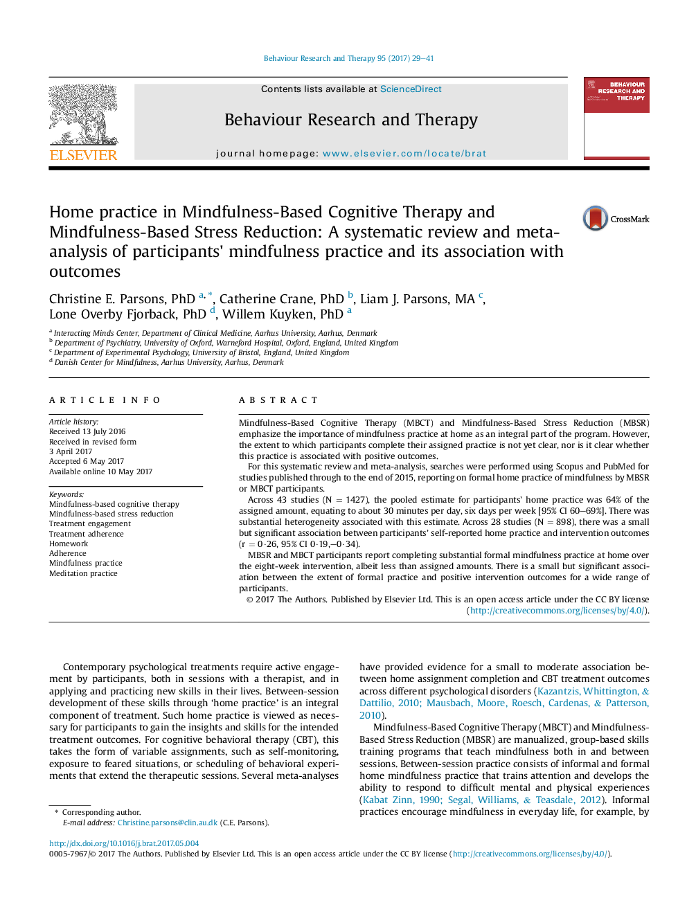 Home practice in Mindfulness-Based Cognitive Therapy and Mindfulness-Based Stress Reduction: A systematic review and meta-analysis of participants' mindfulness practice and its association with outcomes