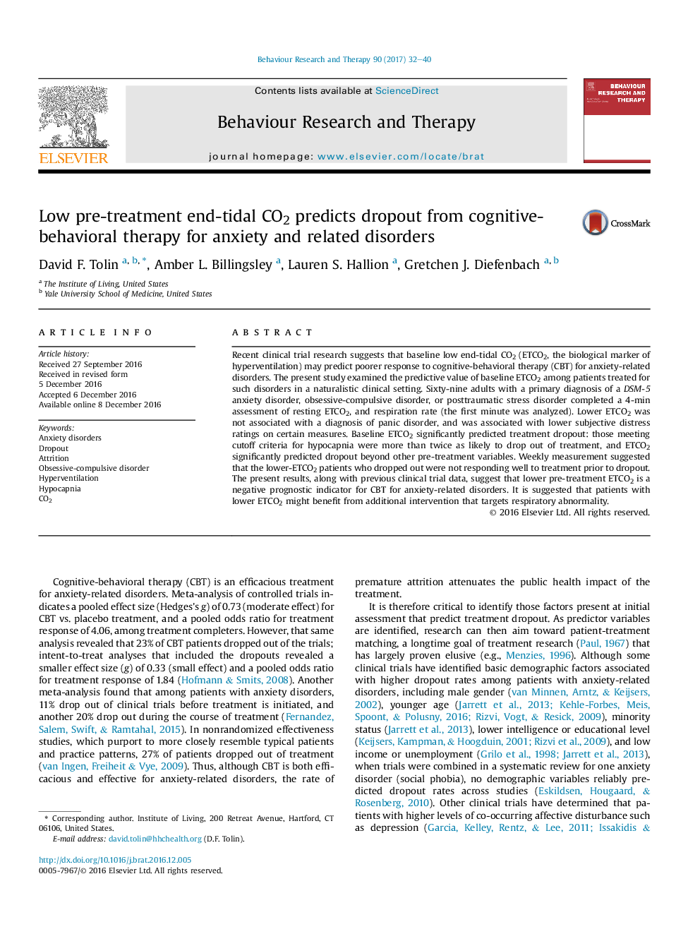 Low pre-treatment end-tidal CO2 predicts dropout from cognitive-behavioral therapy for anxiety and related disorders